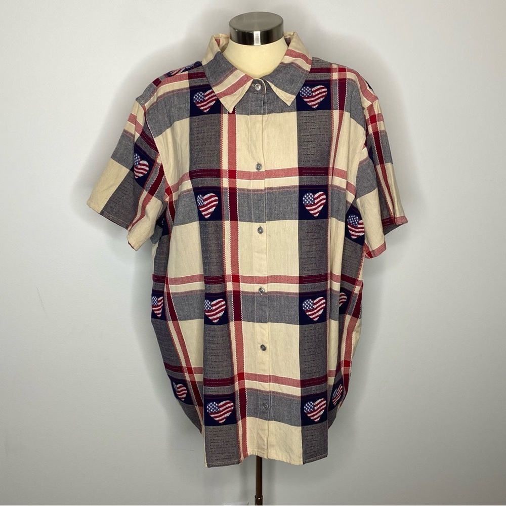 Basic Editions Vintage Plaid American Flag Heart Button Front Blouse